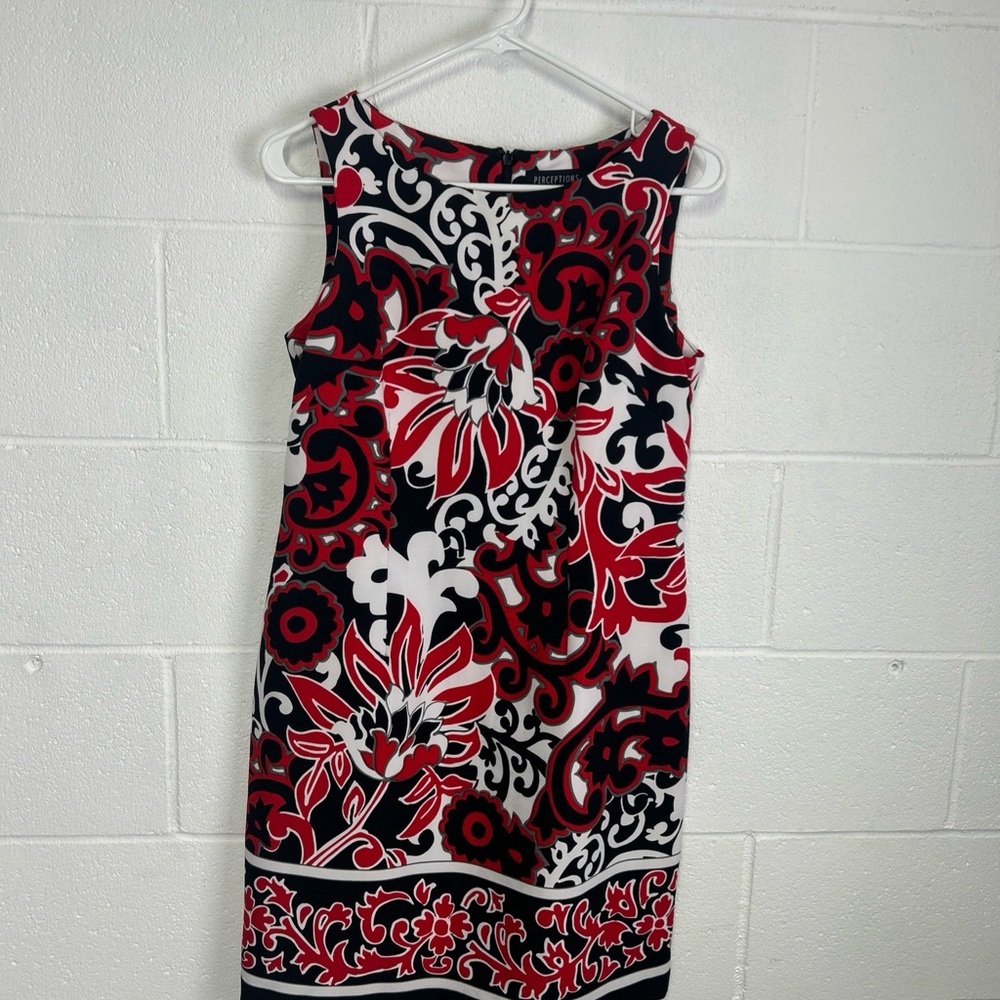 Perceptions Black and Red Sheath Mini Dress Sleeveless Crew Neck